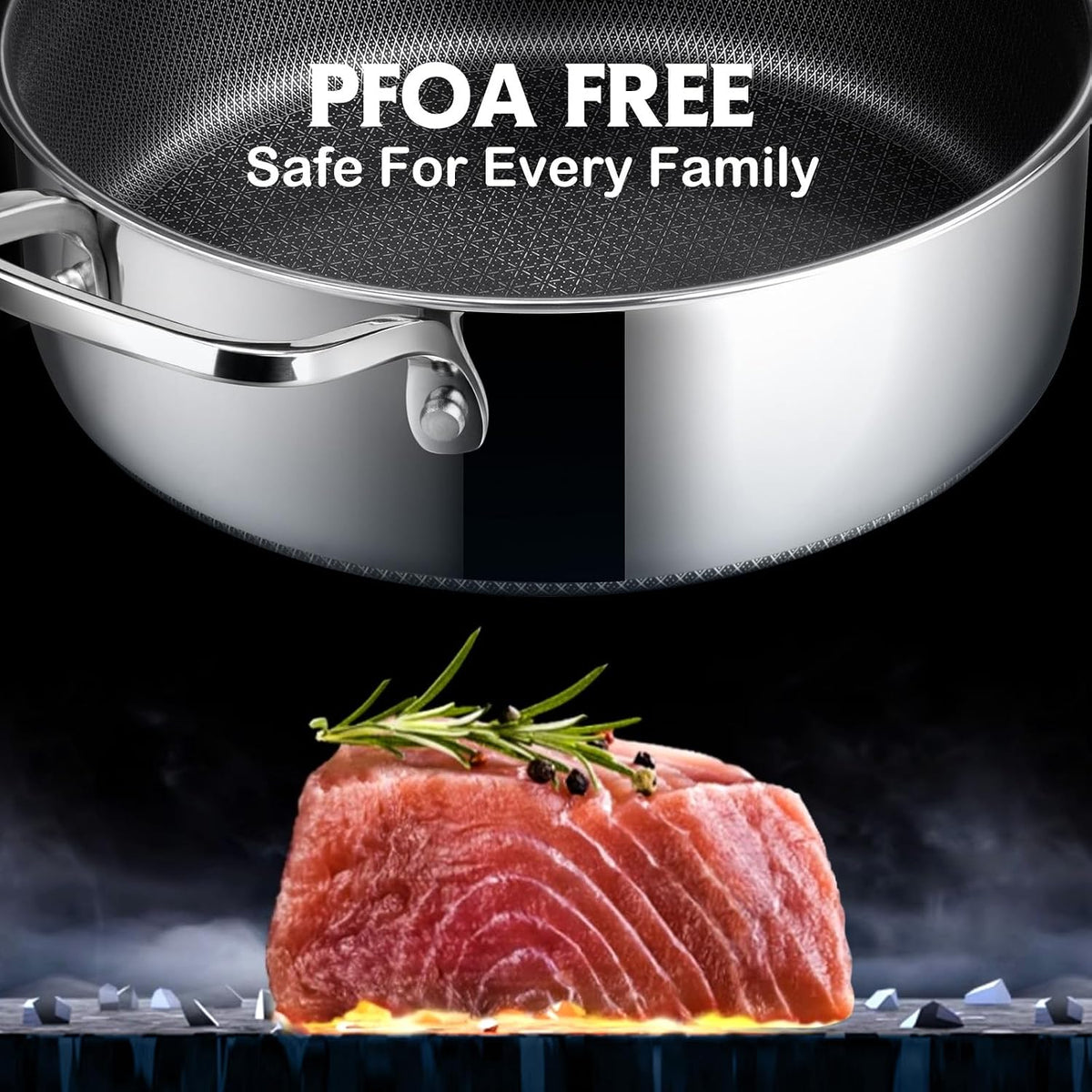SNOWCLAD Frying Pans Nonstick with Lid,Hybrid Non Stick 5 Quart Saute pan,PFOA Free Cookware,Stainless Steel skillet,12 inch Deep Saute Pan,Dishwasher&Oven Safe,Works on All Cooktops
