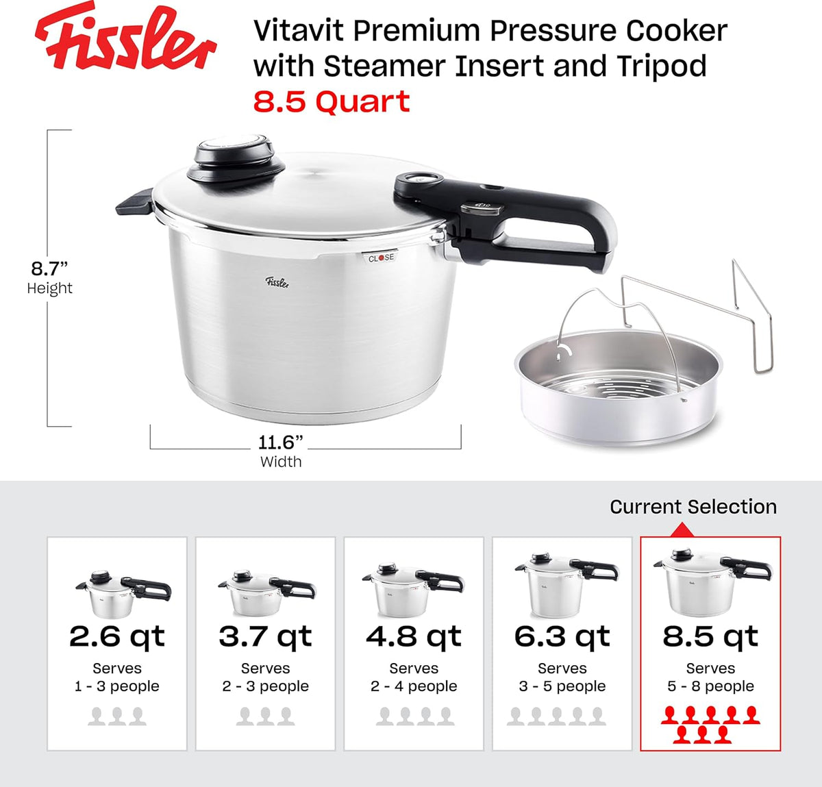 Fissler Vitavit Premium Pressure Cooker with Steamer Insert, 8.5 Quart