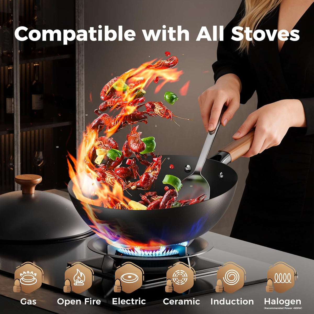 Sanho 12 Inch Carbon Steel Wok Pan, 4QT Woks & Stir-Fry Pans Nonstick with Lid, No Seasoning Required & 0 Coating, Compatible with All Cooktops & Utensils for Stir Fry, Pan-Fry, Steam, Camping