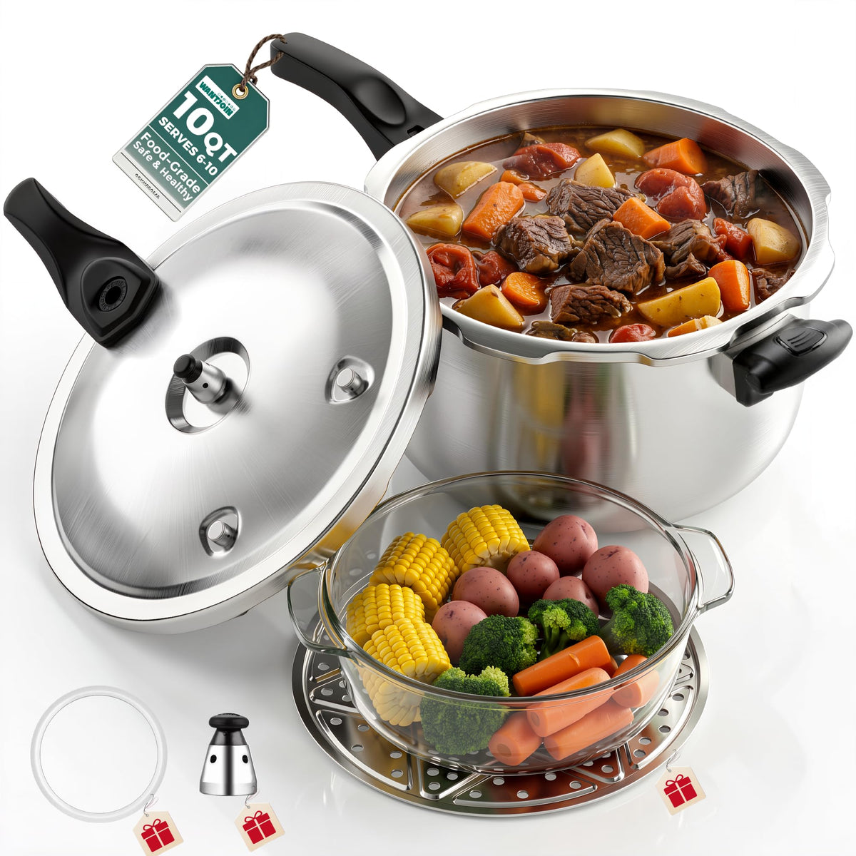 WantJoin Pressure Cooker, 8 Quart Stainless Steel Pressure Canner, Induction Compatible Cookware with Spring Valve Safeguard Devices,Compatible with Gas & Induction Cooker