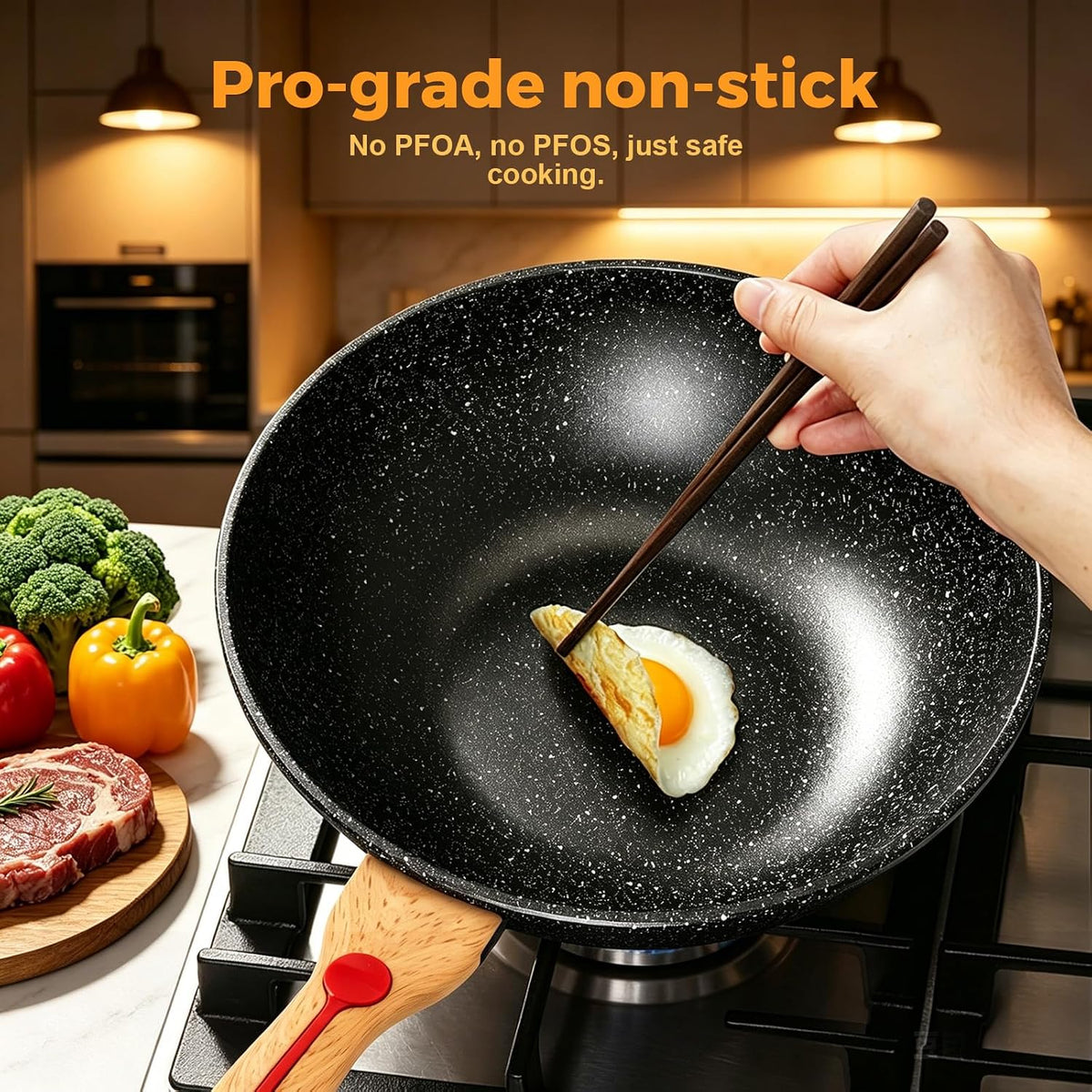 ITSMILLERS Nonstick Wok Aluminium Die-casting Chinese Wok, Scratch Resistant With Lid and Spatula, PFOA-Free, Dishwasher Safe & Induction Bottom,11.8 Inch,5QT,Large Capacity