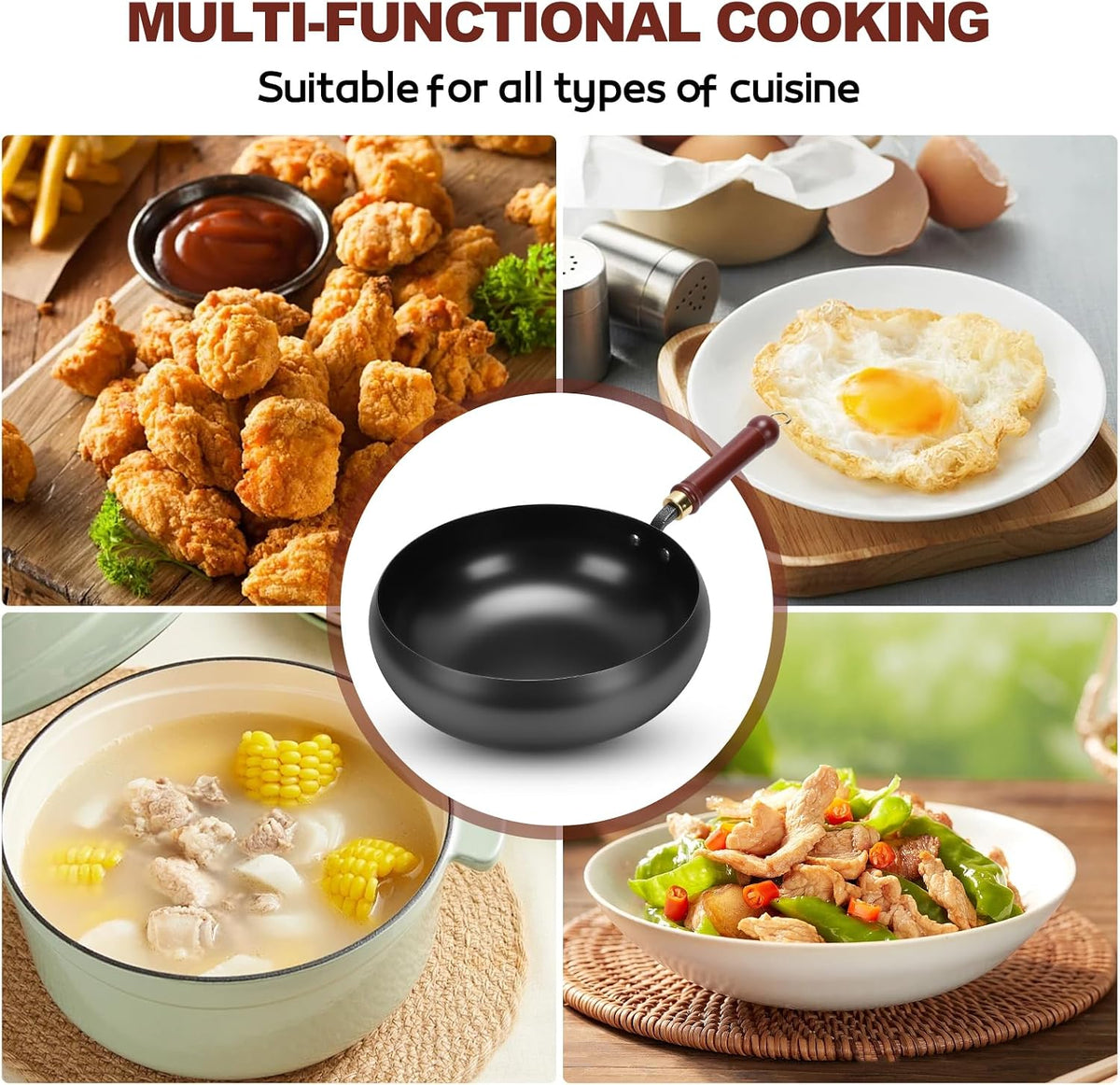 Gugxiom Suntuup Japanese Iron Pan, 28cm/11in Cast Iron Wok (Glass lid)
