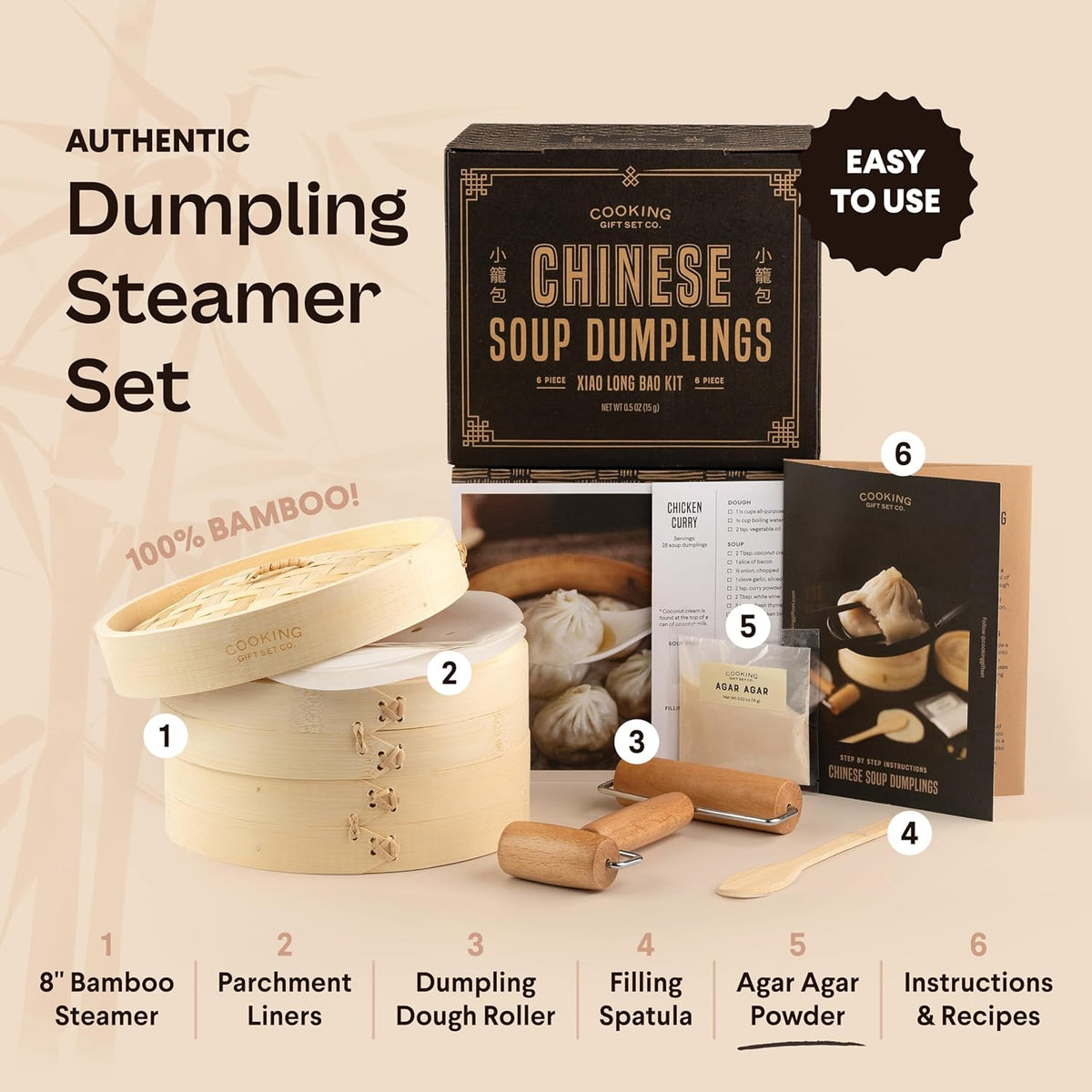 Cooking Gift Set Co. Bamboo Steamer Basket - 2 Tier Dumpling Kit, 6 Piece