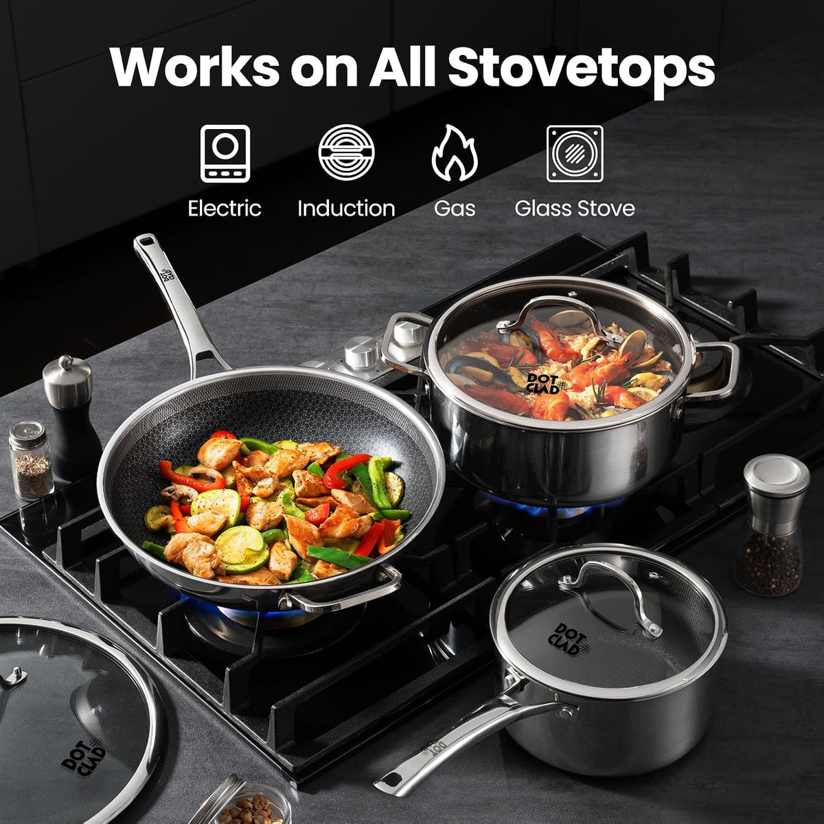 DOTCLAD Wok pan,Hybrid 12 inch Wok with Lid, PFOA Free Cookware,non stick Stainless Steel Woks & Stir-fry pans Nonstick, Dishwasher and Oven Safe, Works on Induction