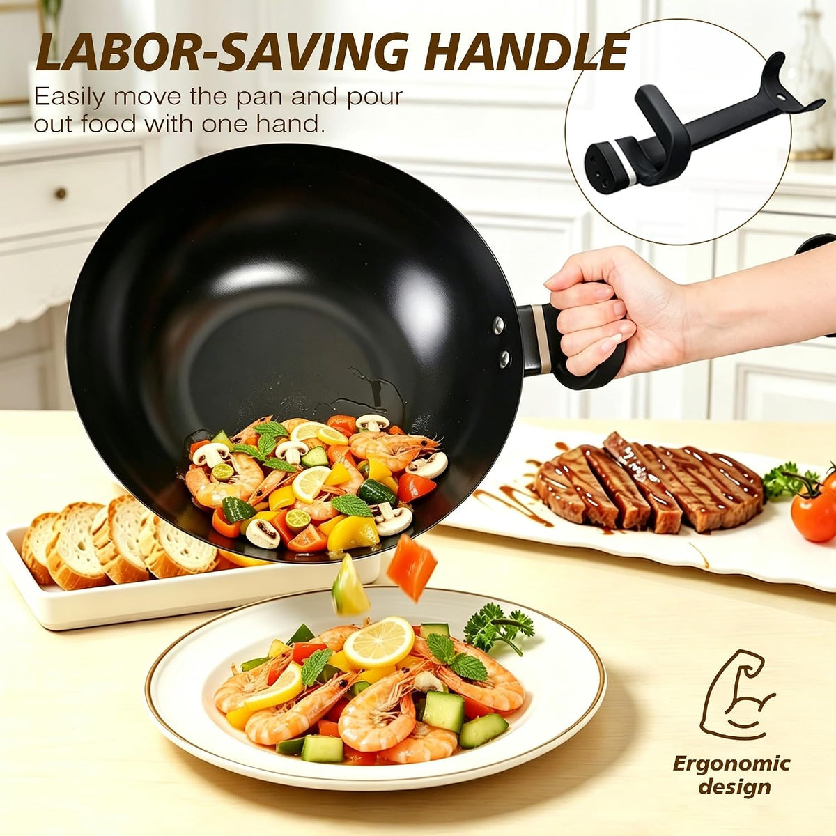 Ceramic Nonstick sauté pan,13 Inch Woks & Stir-fry Pans Nonstick with Ergonomic Handle, Chinese Woks for All Stoves Nonstick Frying Pan Skillet with Lid, PFOA PFAS PTFE Free
