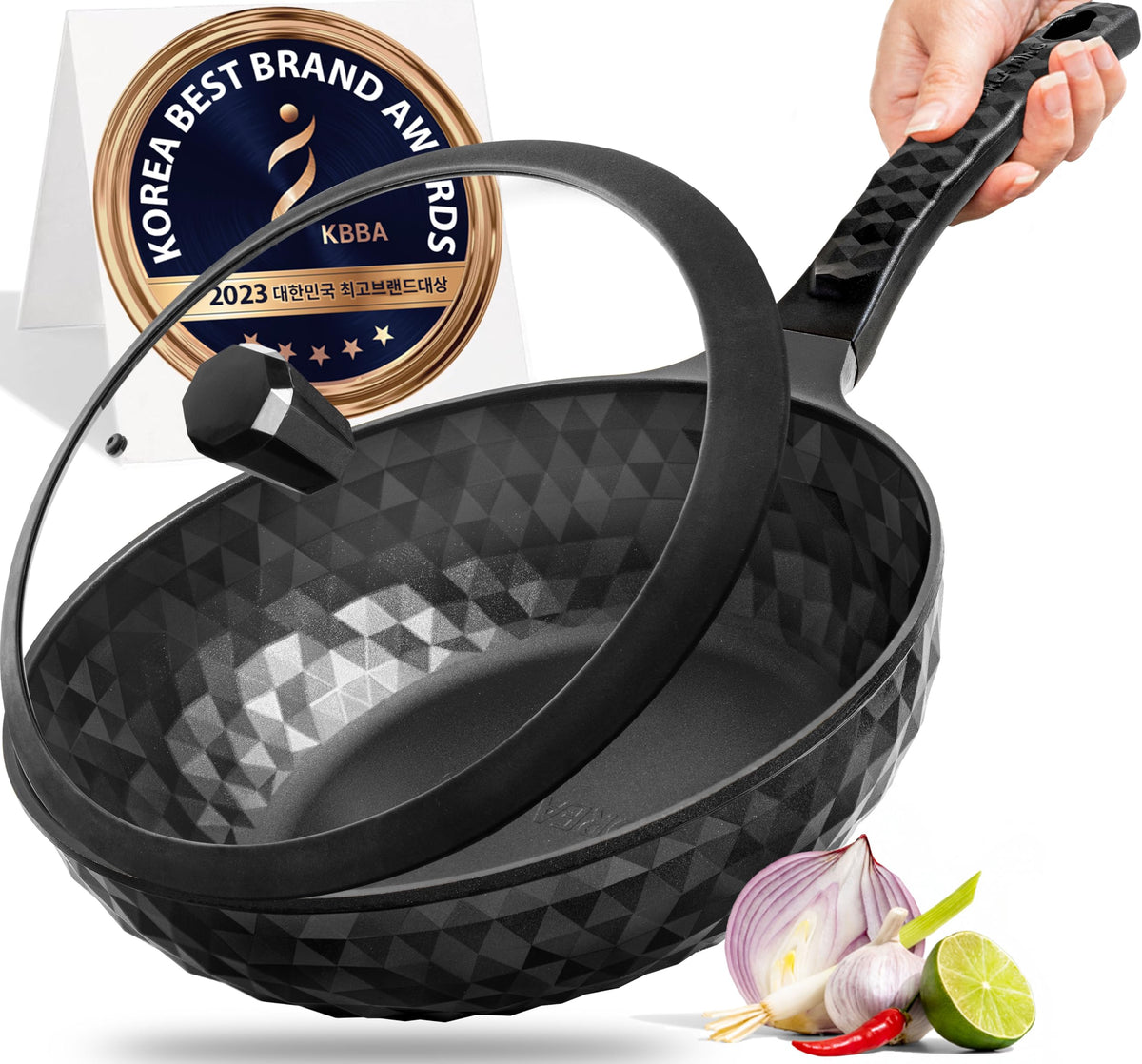 Diamond X Premium Non Stick Wok Pan - 11" Large Flat Bottom Chinese Wok - Woks & Stir-fry Pans Nonstick - Titanium-Coated 8-Layered Korean Engineered Skillet for Frying, Oil-Free, PFOA-Free