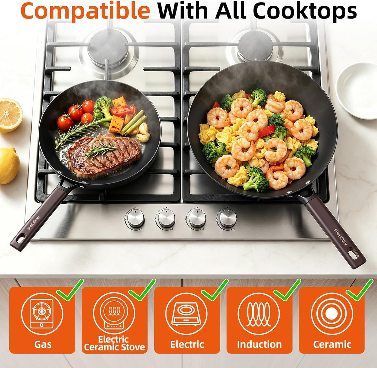 2-Pack Carbon Steel Wok Pan & Frying Pan Set, Induction Ready