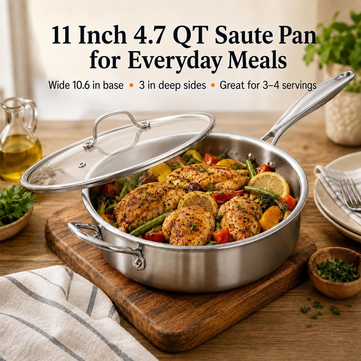 WANGYUANJI 11 Inch Tri-Ply Stainless Steel Saute Pan with Glass Lid, 4.7 QT Deep Skillet for 3–4 Servings, 18/10 304 Interior, Induction Compatible, Oven & Dishwasher Safe