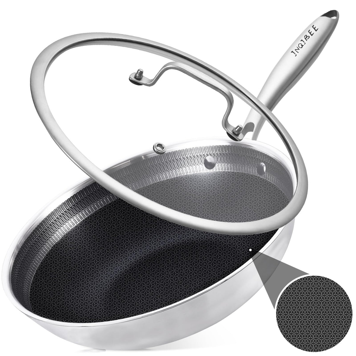Inqibee 12.5 Inch Hybrid Stainless Steel Wok Pan with Lid, Ceramic Coating