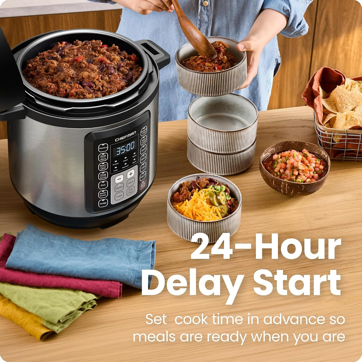 Chefman 13-in-1 Electric Pressure Cooker, 6-Quart Multicooker with Touchscreen Controls, Slow Cooker, Steamer, Sauté, Soup, Chili, Delay Start & Keep Warm, Stainless Steel