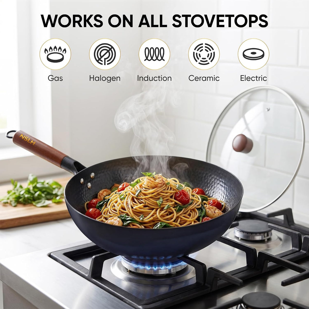 12.6 Inch Carbon Steel Wok Pan with Glass Cover, Pre-Seasoned Flat Bottom Wok for Chinese Cooking, Woks & Stir-Fry Pans Cookware, Compatible with Induction, Electric, Gas & Halogen