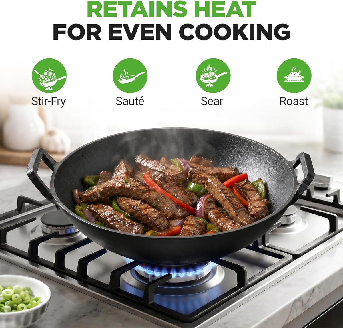 NutriChef 14" Cast Iron Wok with Wooden Lid - Pre-Seasoned Kadai for Stir-Fry with Loop Handles, Compatible with Multiple Cooktops Including Induction, Large 5.8 Qt Capacity