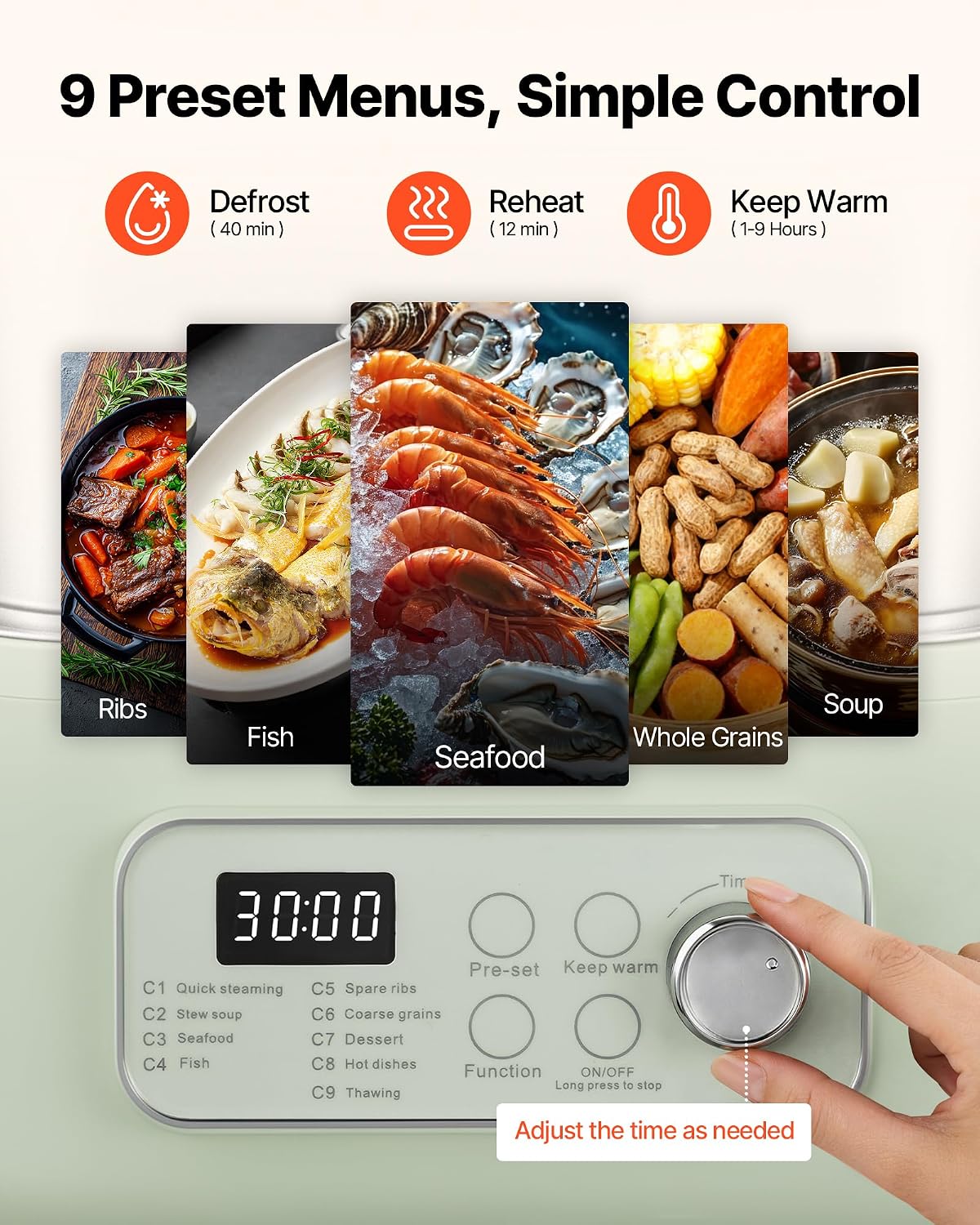 VEVOR Electric Food Steamer 13.7 QT 2-Tier Stainless Steel for 3-6 Servings, 1500W Vegetable & Meal Steamer for Cooking with 9 Pre-Programmed Settings, Keep Warm, for Veggies, Seafood & Rice, Green