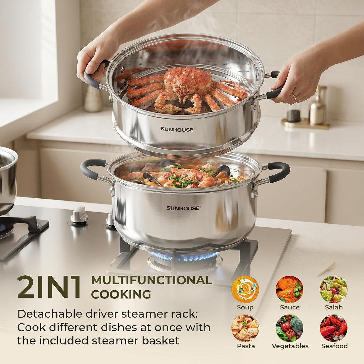 SUNHOUSE 6.3 QT Stainless Steel Steamer Pot for Cooking with Glass Lid