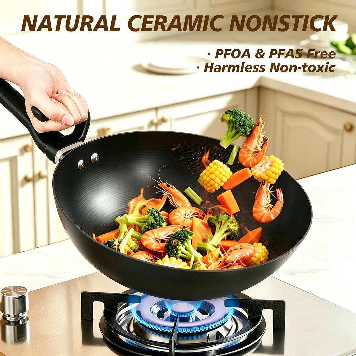 Ceramic Nonstick sauté pan,13 Inch Woks & Stir-fry Pans Nonstick with Ergonomic Handle, Chinese Woks for All Stoves Nonstick Frying Pan Skillet with Lid, PFOA PFAS PTFE Free