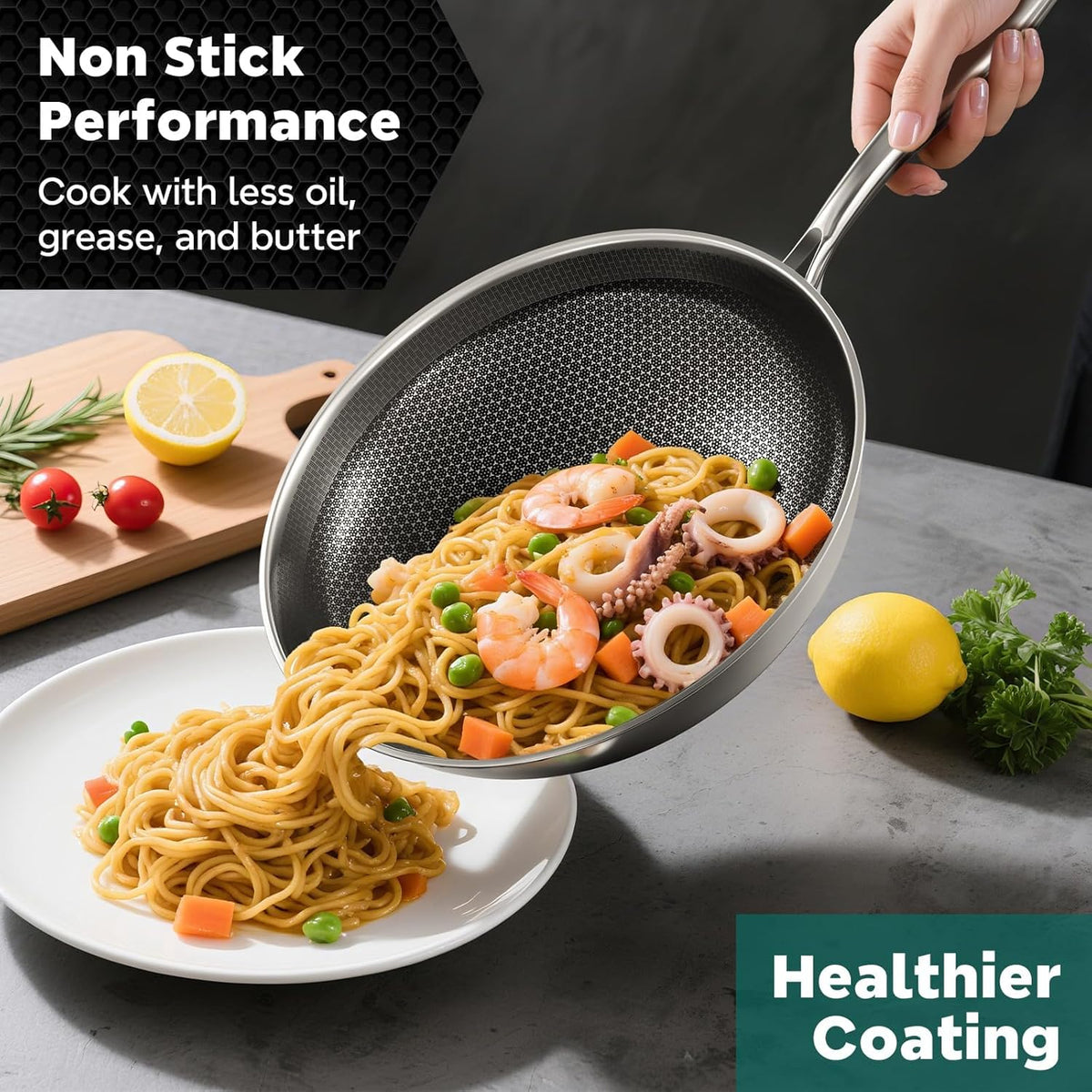 Wok Pan, 13-Inch Stainless Steel Woks & Stir-Fry Pans Nonstick with Lid