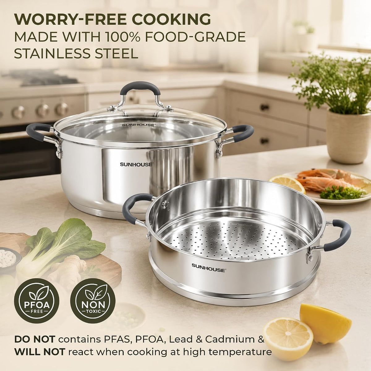 SUNHOUSE 6.3 QT Stainless Steel Steamer Pot for Cooking with Glass Lid
