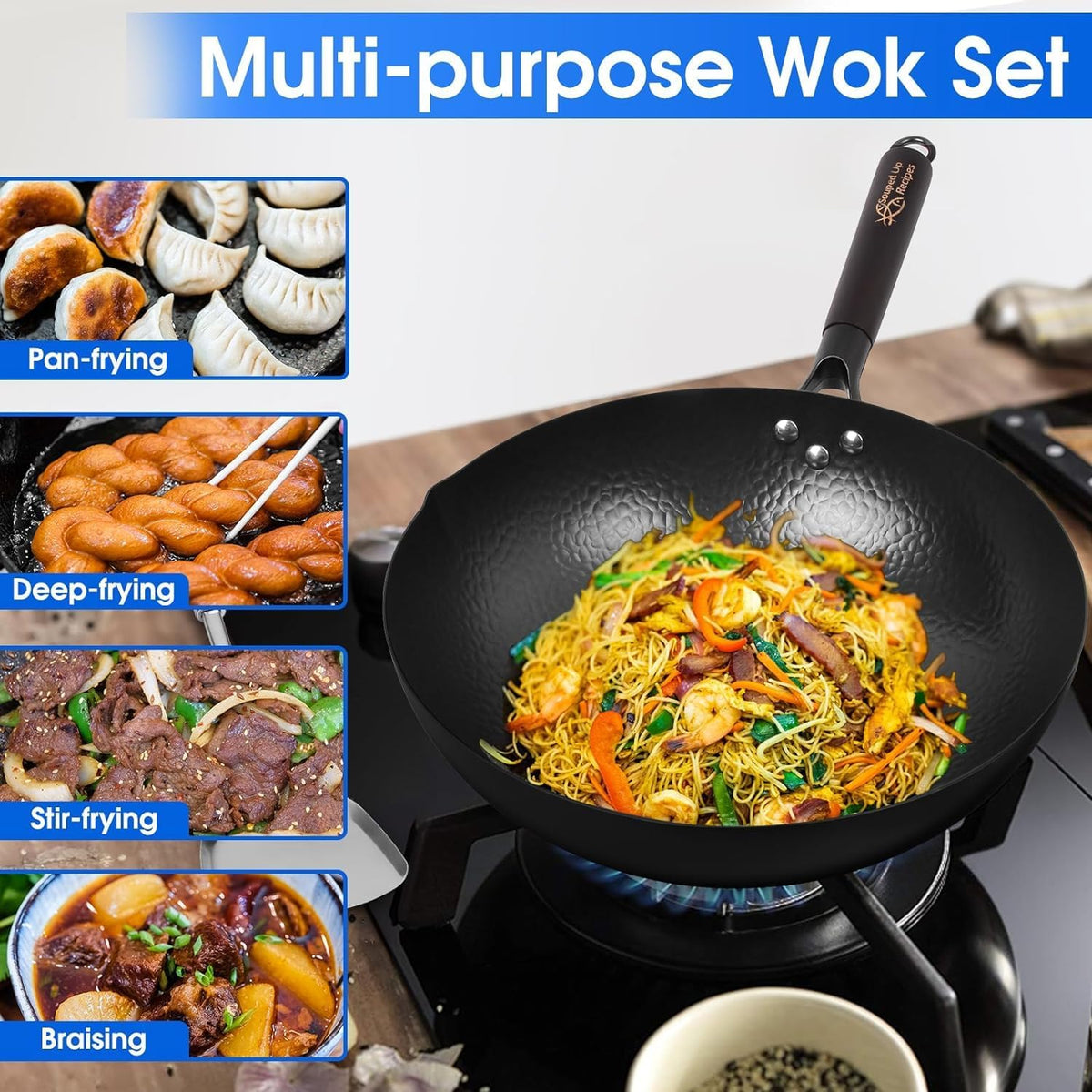 Souped Up Recipes 12.5 Inch Carbon Steel Wok For Electric, Induction and Gas Stoves (Lid, Spatula and User Guide Video Included)