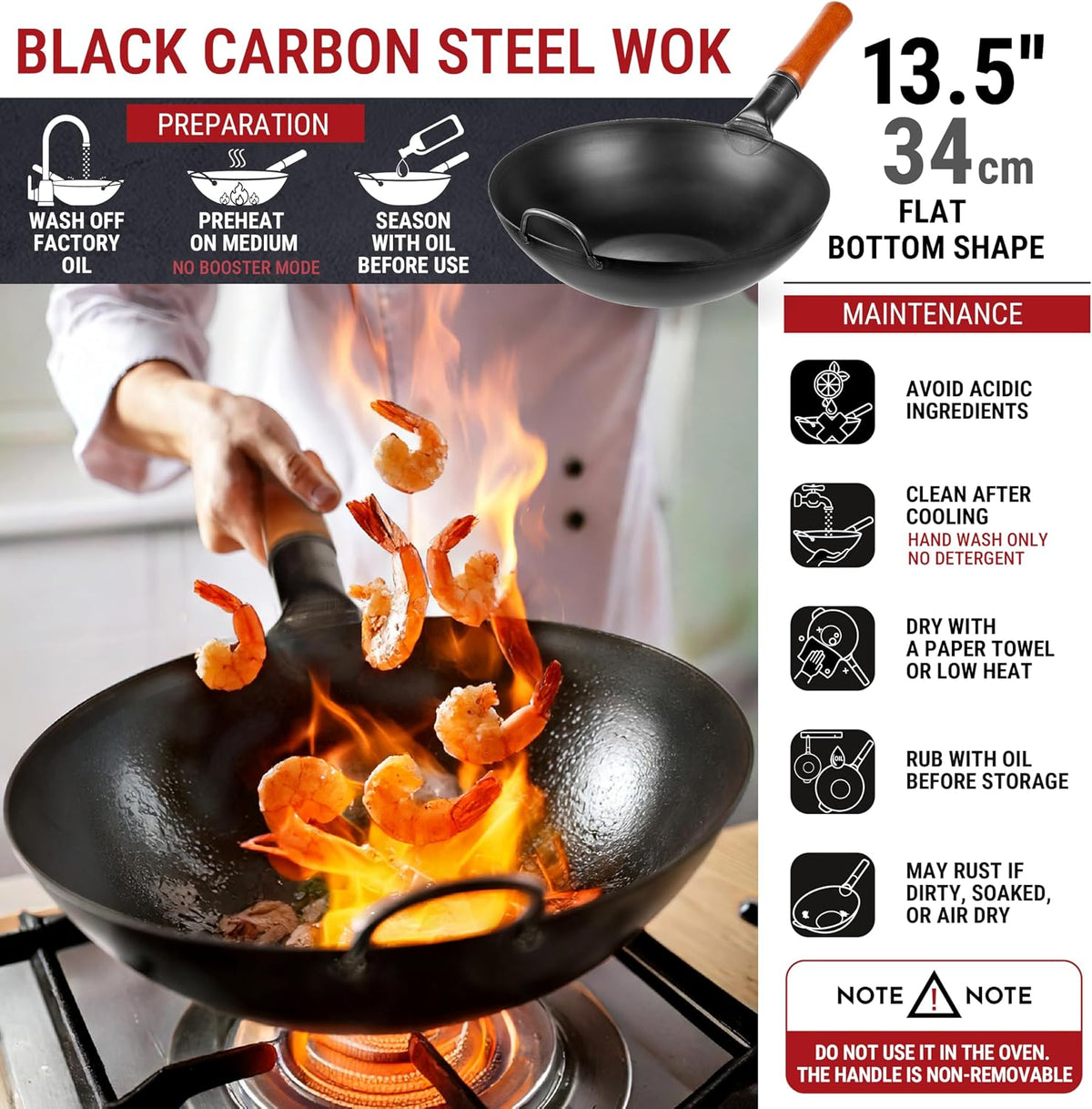 YOSUKATA 13.5" Pre-Seasoned Flat Bottom Black Carbon Steel Wok for Stir Fry