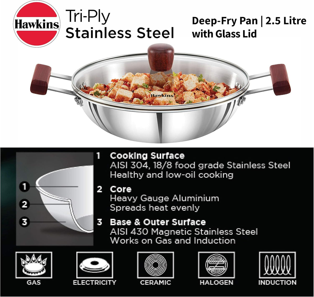 Hawkins 2.5 Litre Deep Fry Pan, Triply Stainless Steel Kadai with Glass Lid, Flat Bottom Induction Kadhai, Silver (SSD25G)