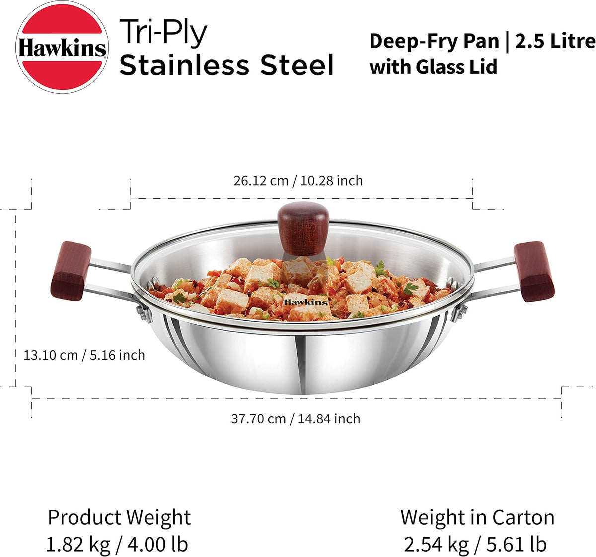 Hawkins 2.5 Litre Deep Fry Pan, Triply Stainless Steel Kadai with Glass Lid, Flat Bottom Induction Kadhai, Silver (SSD25G)