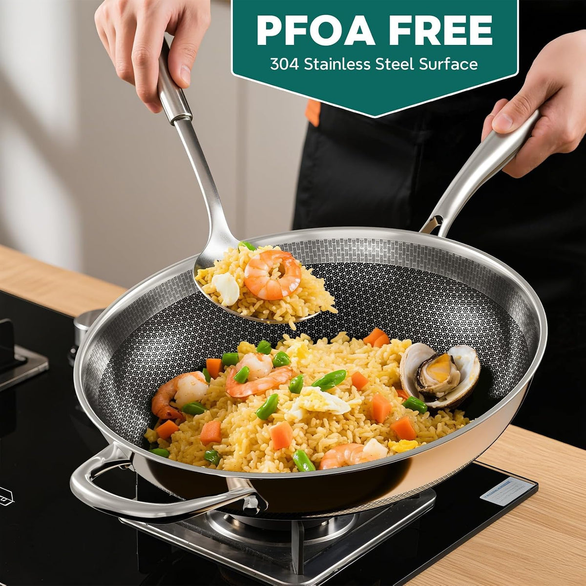 Wok Pan, 13-Inch Stainless Steel Woks & Stir-Fry Pans Nonstick with Lid