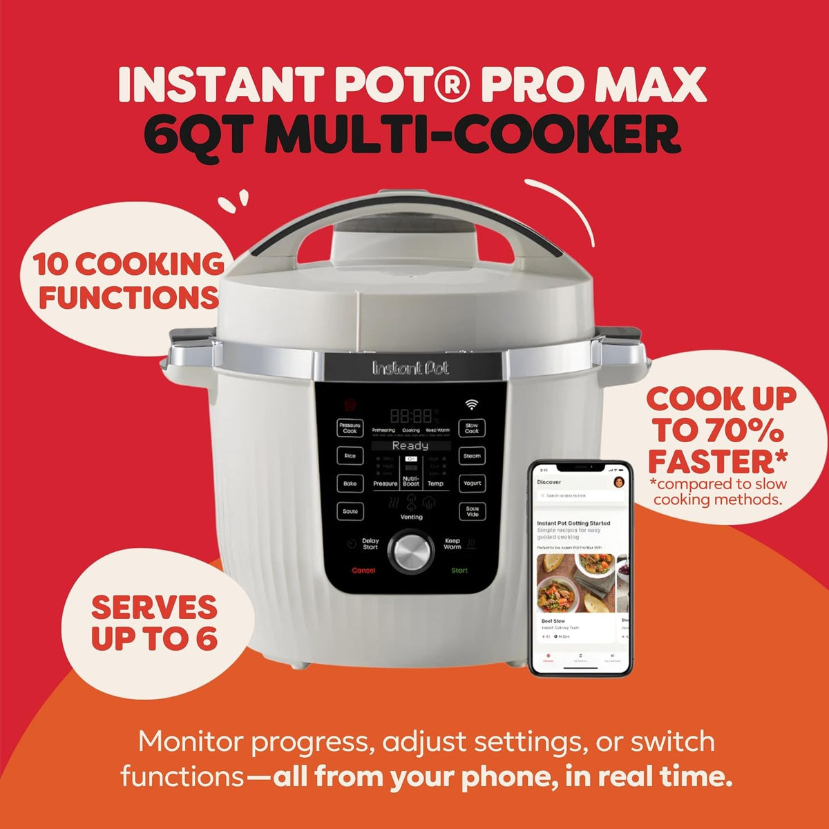 Instant Pot Pro Max WiFi Smart 6 Qt 10‑in‑1Pressure Cooker, White