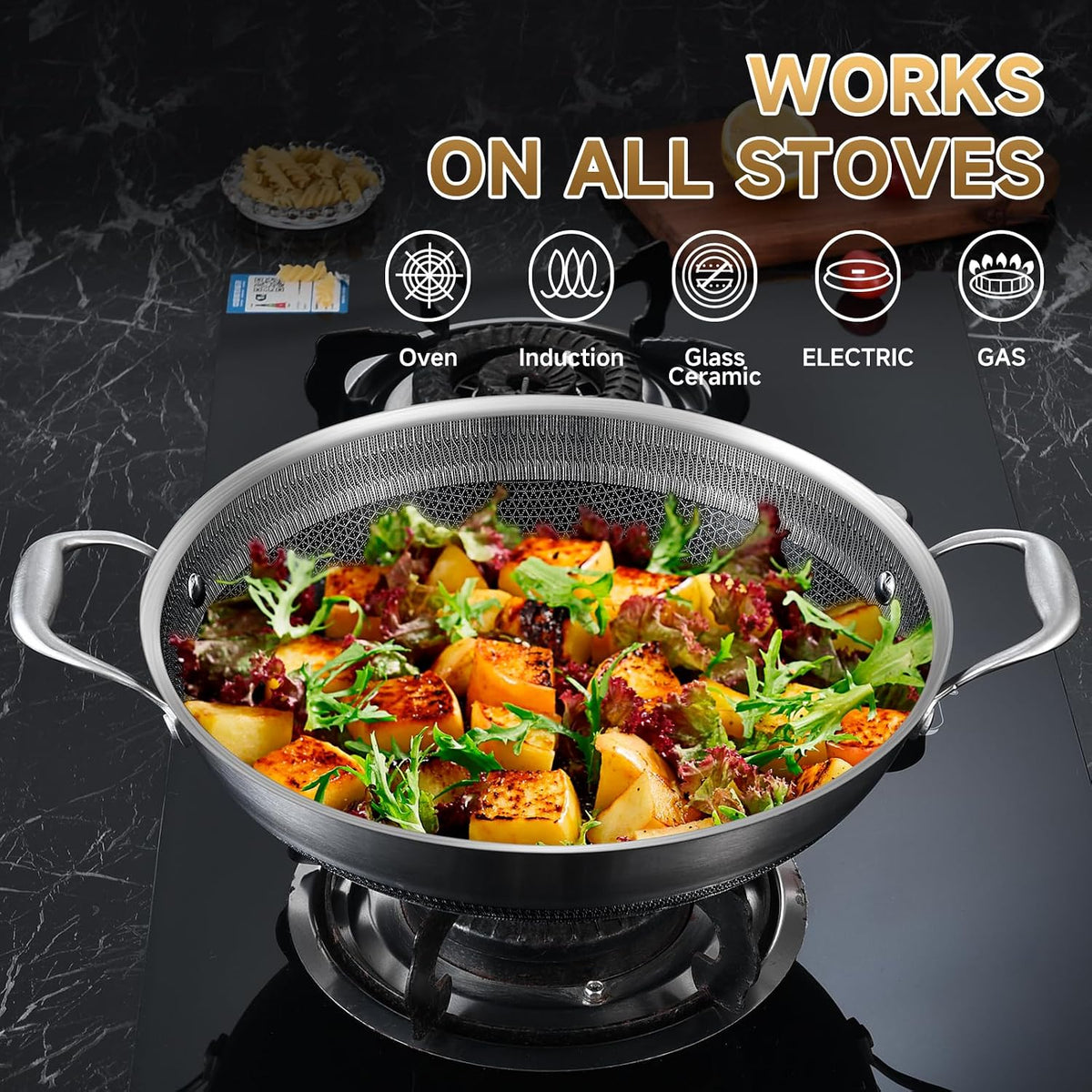 LOLYKITCH Hybird Nonstick Wok Pan with Lid | 12-Inch | Rivented Handle