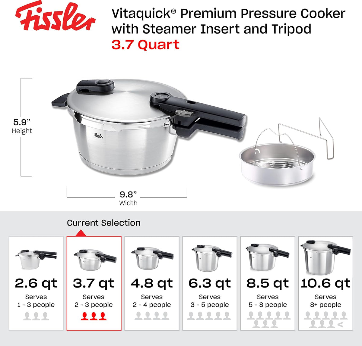 Fissler Vitaquick Premium Pressure Cooker, 3.7 Quart with Steamer Insert and Tripod