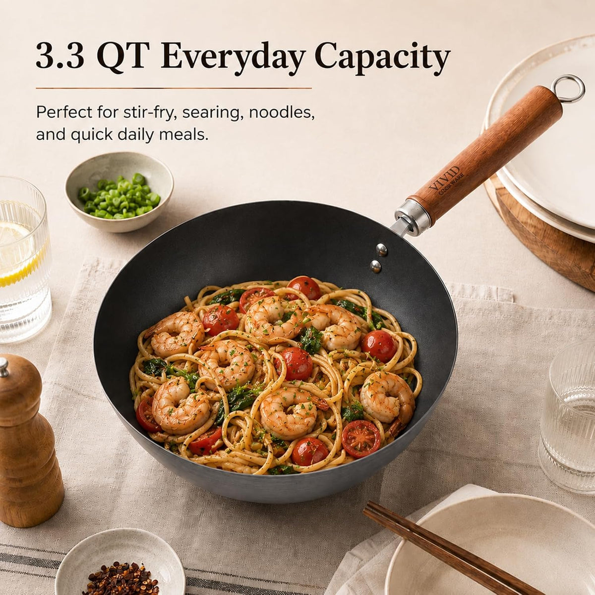 10.2-Inch Carbon Steel Wok Frying Pan with Lid, Flat Bottom