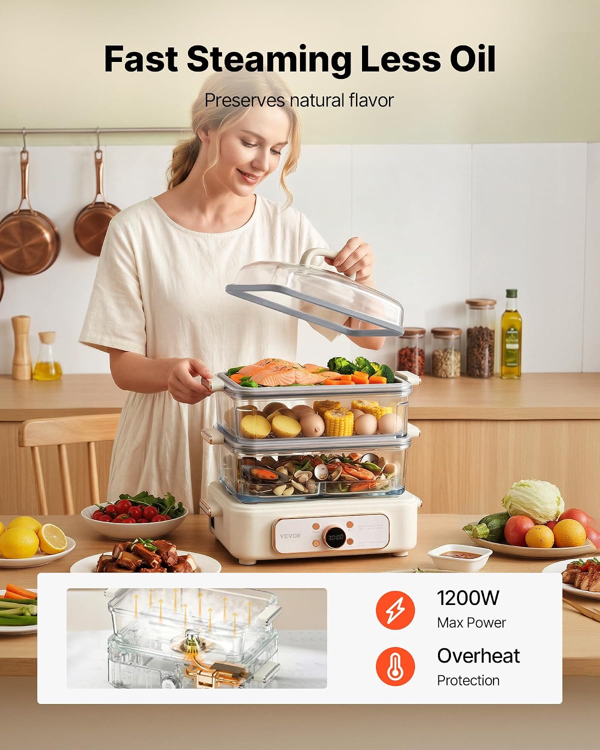 VEVOR Electric Food Steamer 10.6 QT Glass with 3-Tier Stainless Steel Trays, 1200W Vegetable Steamer for Cooking, 2-4 Servings, Pre-Programmed Settings, Delay Start, for Veggies, Seafood & Rice, White
