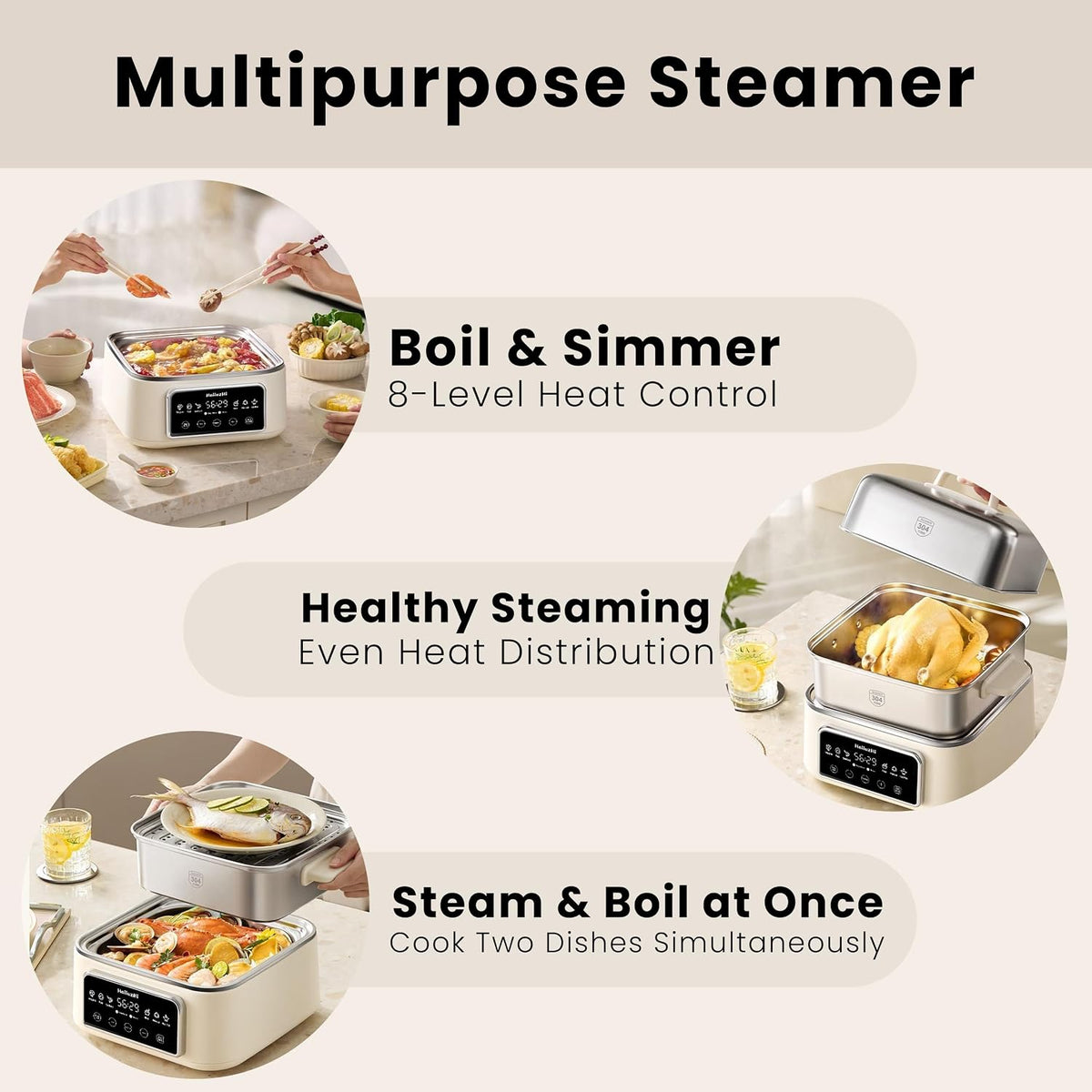 Electric Food Steamer 12.7 QT, Double-Tier 8-in-1 Vegetable & Meal Steamer, Stainless Steel, Timer & Keep Warm, Boil-Dry Protection, Healthy Cooking Kitchen Steamer