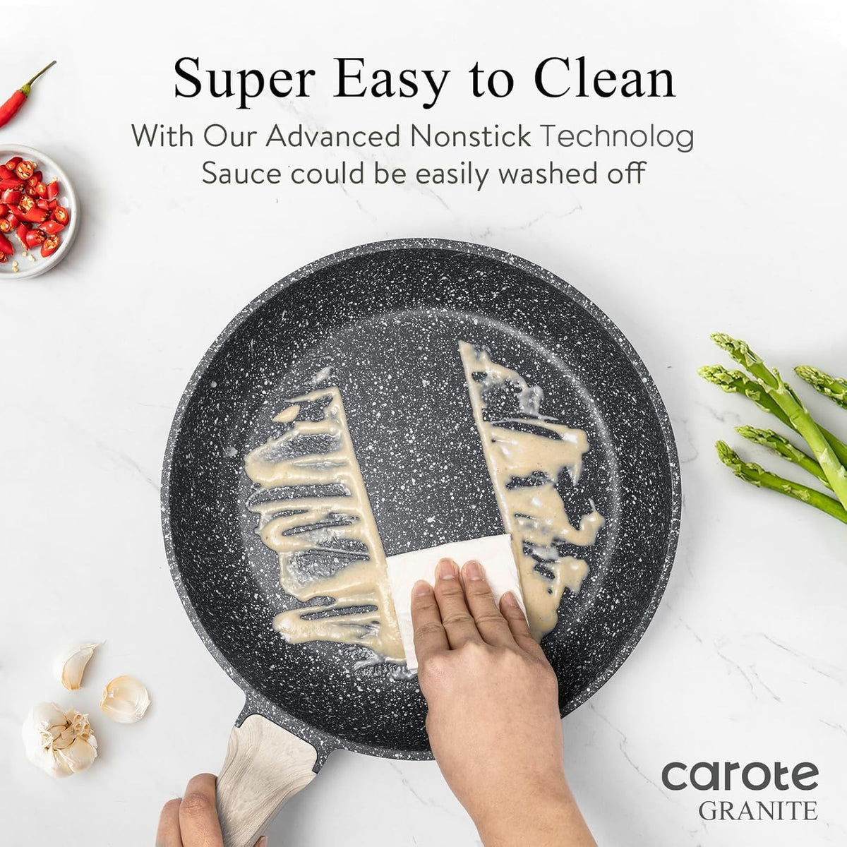 CAROTE 12 Inch Nonstick Deep Frying Pan with Lid, 5.5 Qt Black Granite
