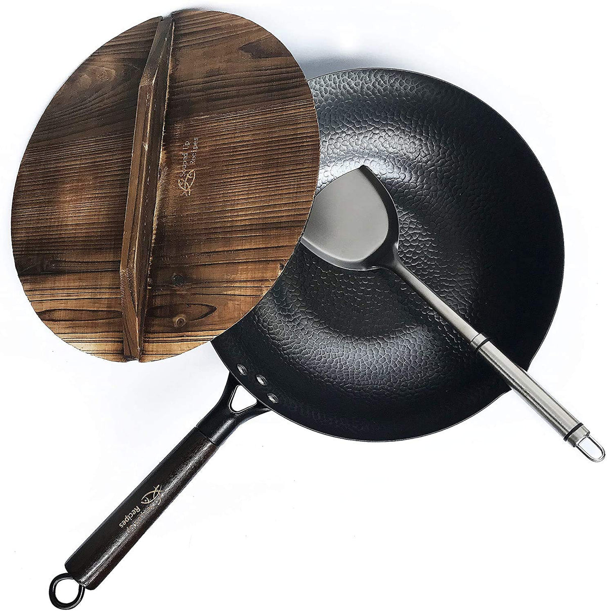 Souped Up Recipes 12.5 Inch Carbon Steel Wok For Electric, Induction and Gas Stoves (Lid, Spatula and User Guide Video Included)