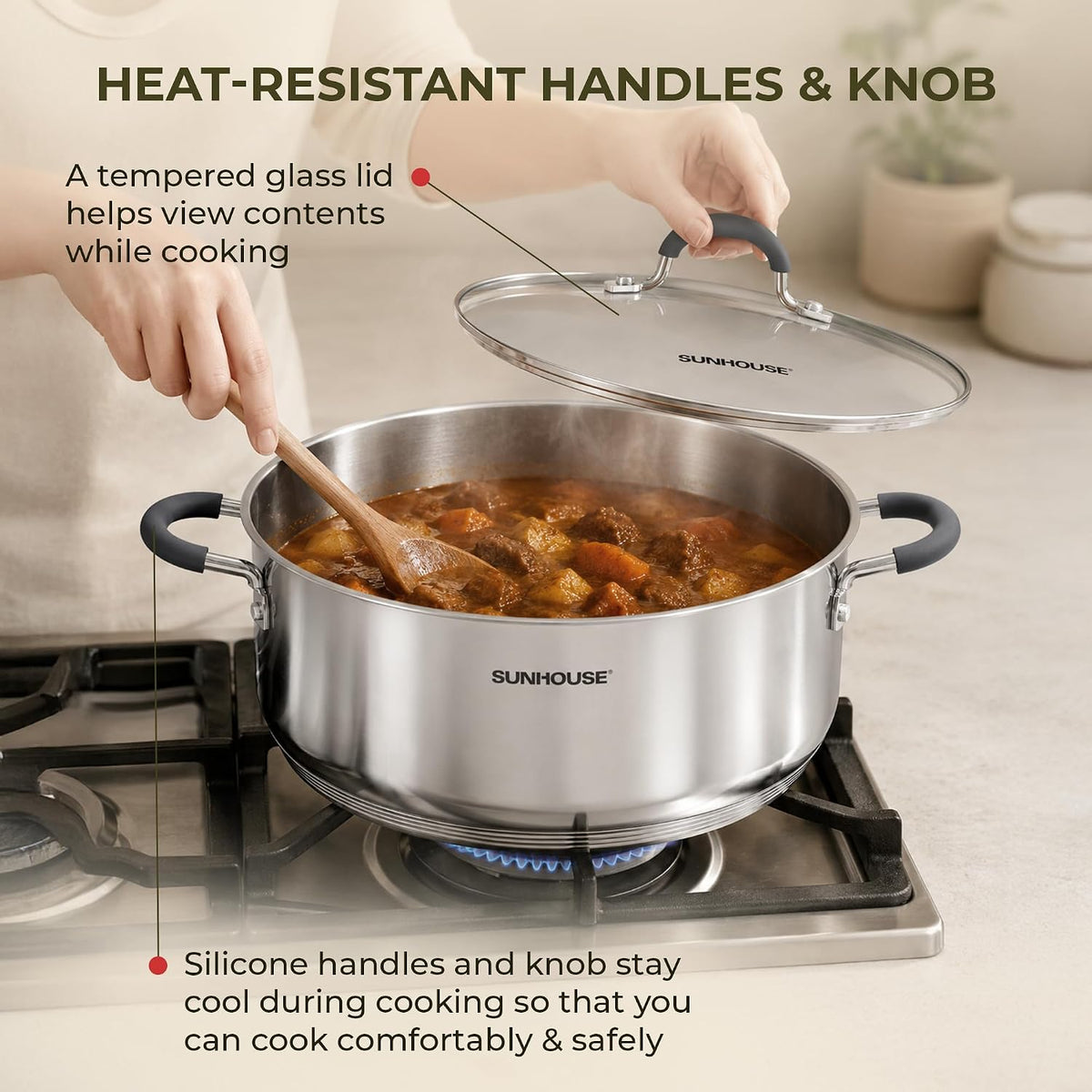 SUNHOUSE 6.3 QT Stainless Steel Steamer Pot for Cooking with Glass Lid