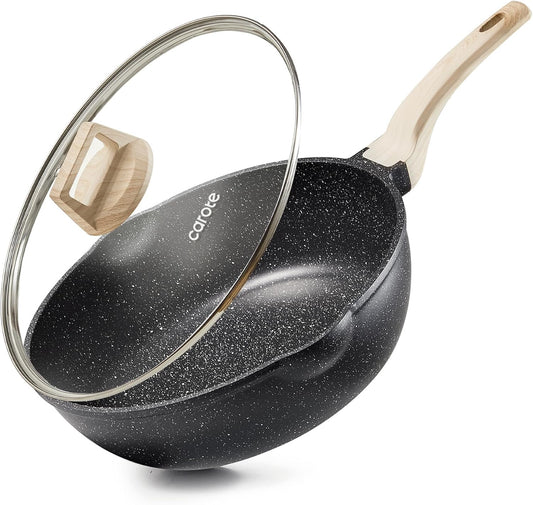 CAROTE 12 Inch Nonstick Deep Frying Pan with Lid, 5.5 Qt Black Granite
