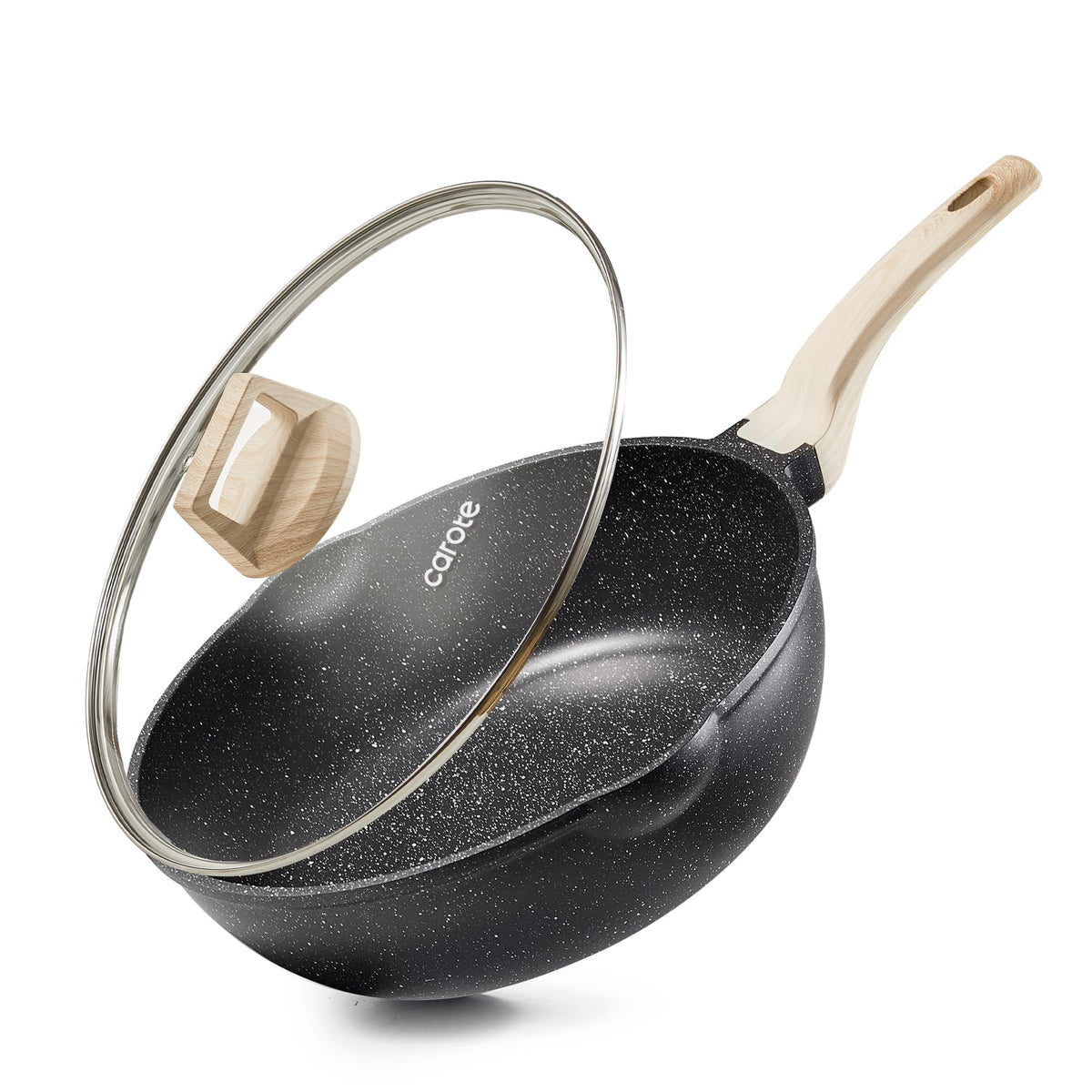 CAROTE 12 Inch Nonstick Deep Frying Pan with Lid, 5.5 Qt Black Granite