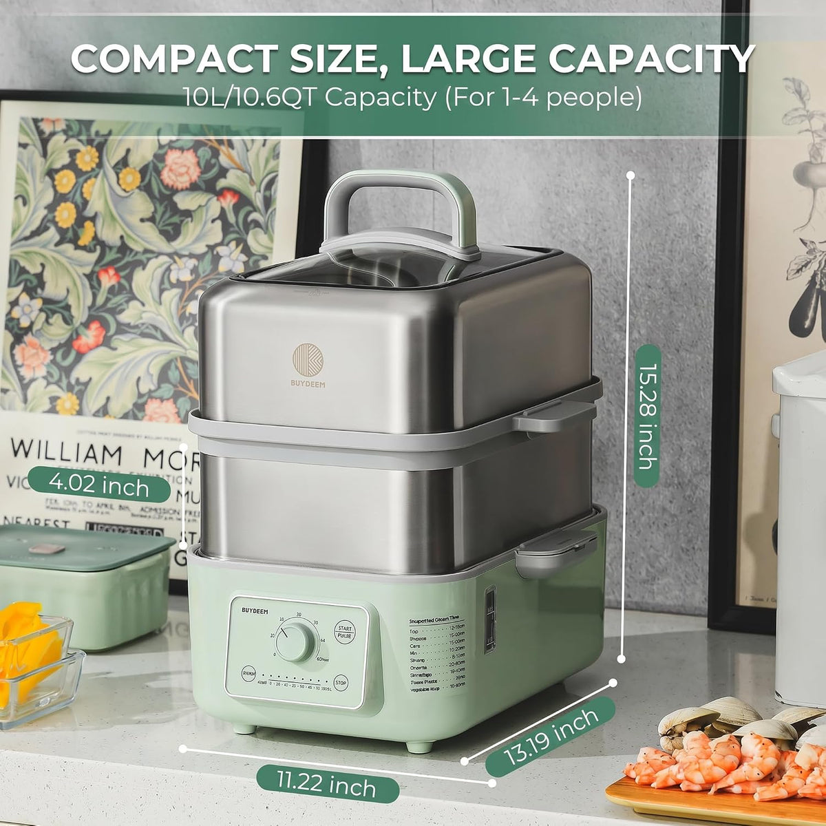 BUYDEEM G52 10.6Qt Electric Food Steamer for Cooking, Cozy Greenish
