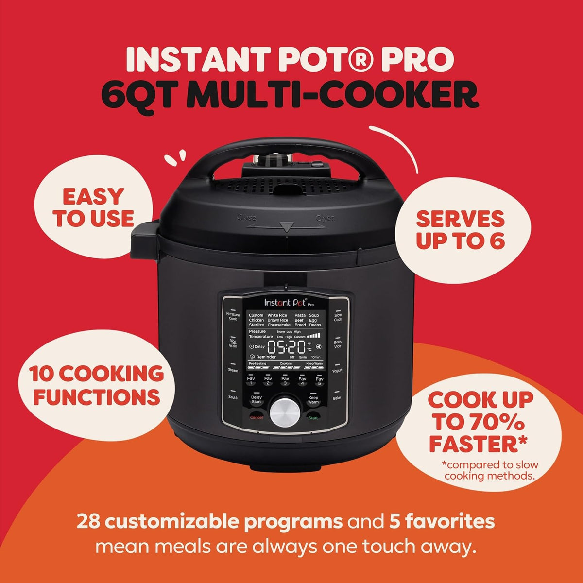 Instant Pot Pro 6 Qt 10-in-1 Electric Pressure Cooker, Black