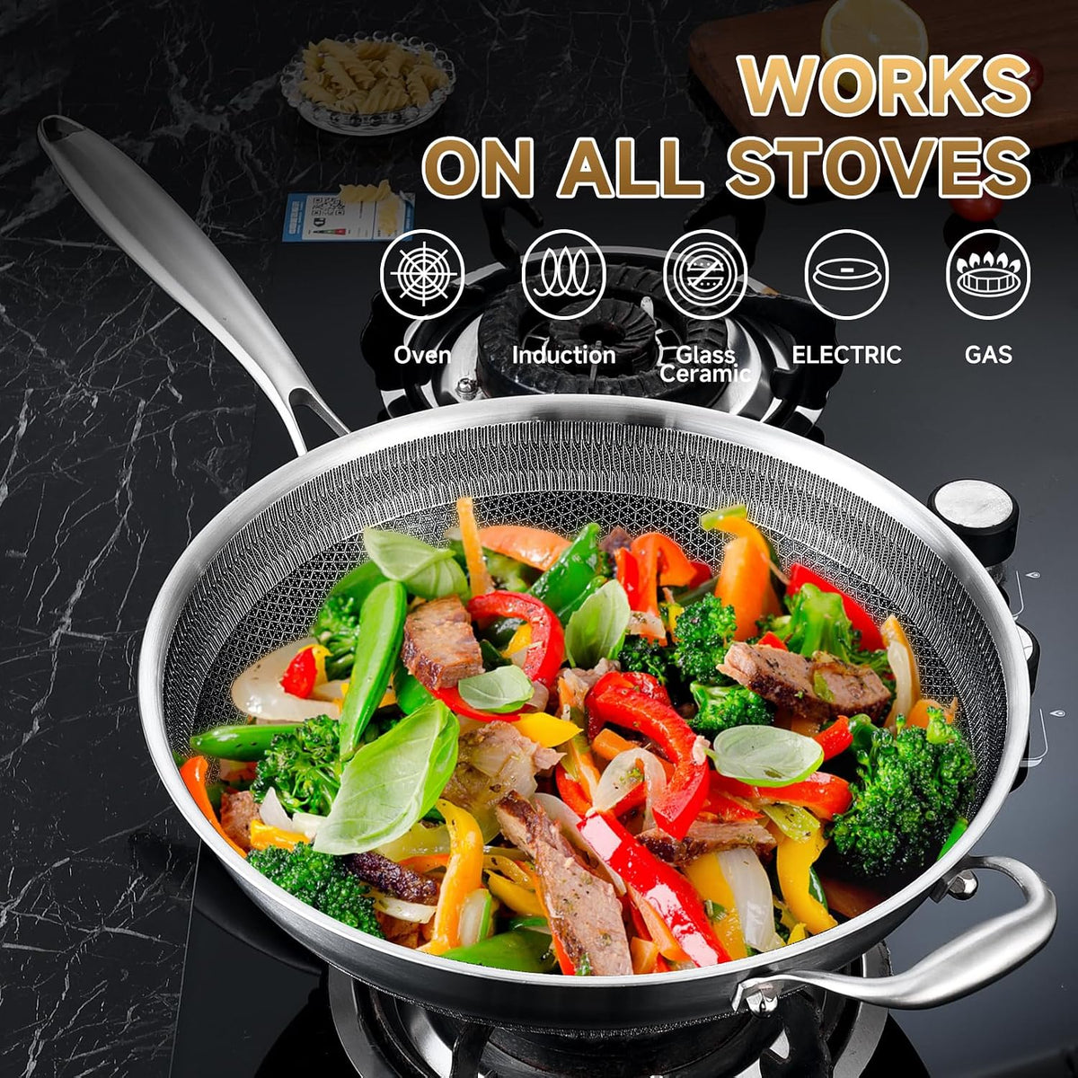 LOLYKITCH Hybird Nonstick Wok Pan with Lid | 13-Inch | Detachable Handle