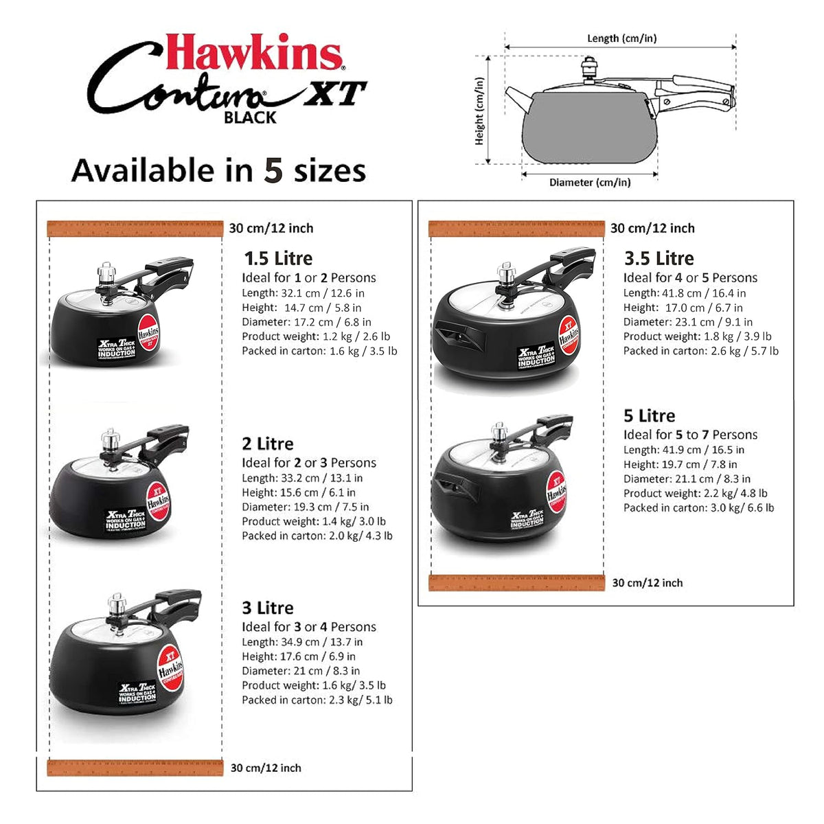 Hawkins Pressure Cooker Contura Hard Anodized Extra Thick Base for Induction, 3.5 L (Black)