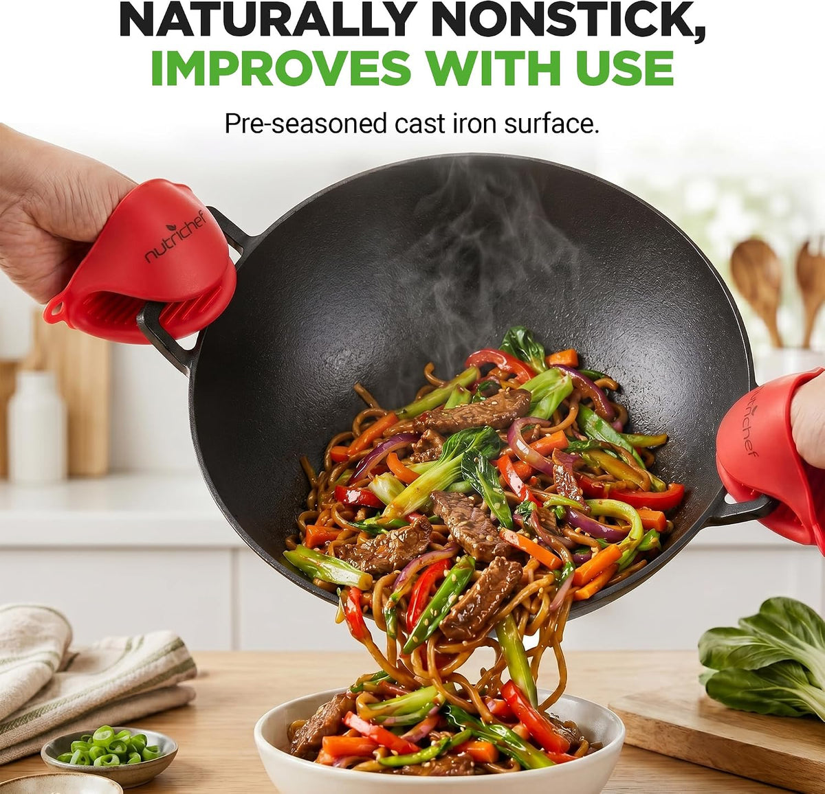 NutriChef 14" Cast Iron Wok with Wooden Lid - Pre-Seasoned Kadai for Stir-Fry with Loop Handles, Compatible with Multiple Cooktops Including Induction, Large 5.8 Qt Capacity