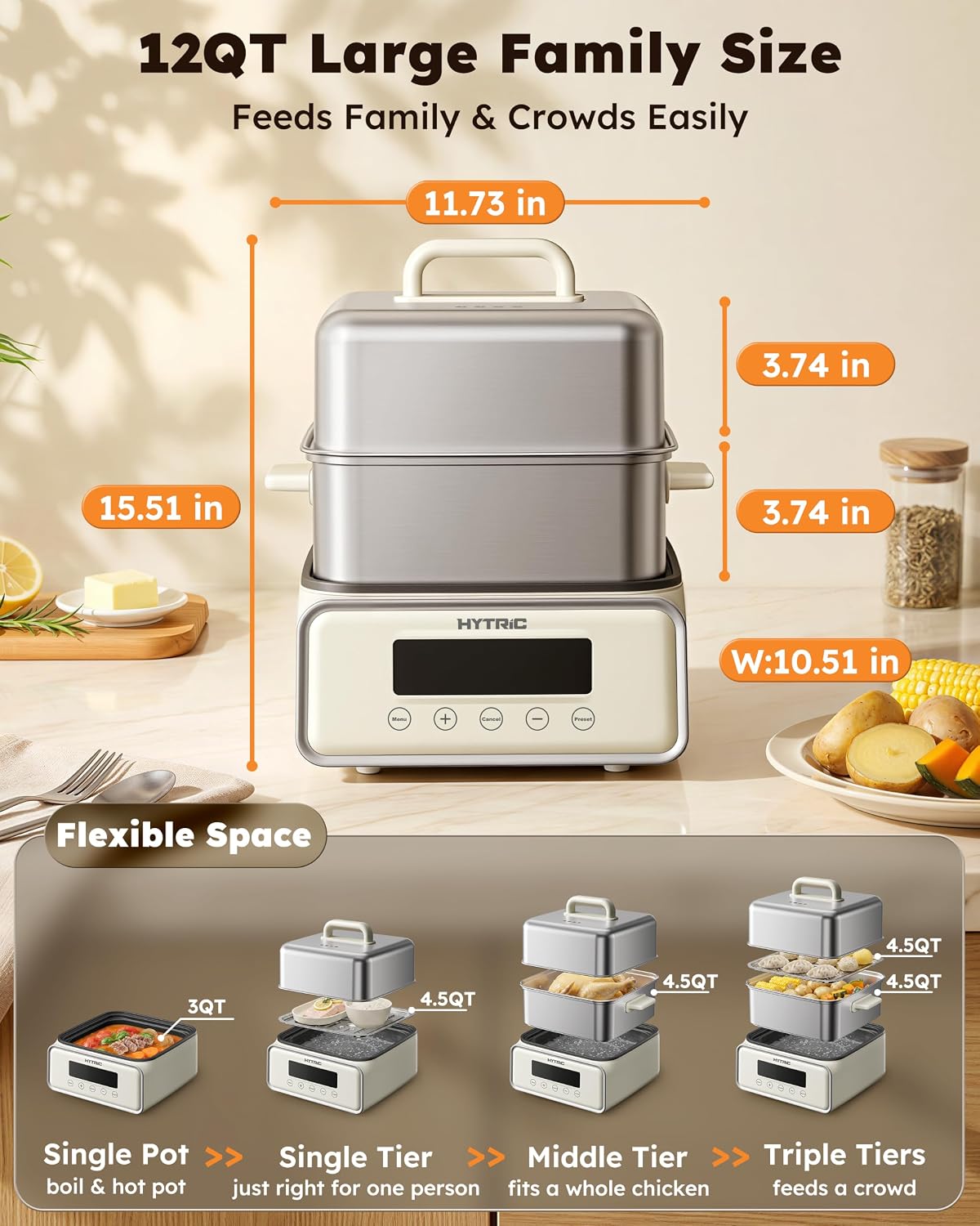 12QT Electric Food Steamer for Cooking, 2-Tier Steam Tray & Hot Pot