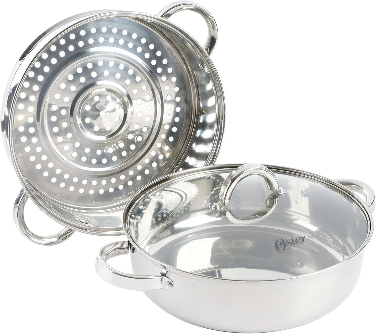 Oster Sangerfield 11-Inch Stainless Steel Everyday Cookware Pan with Steamer and Lid – Durable Nonstick Frying Skillet for Kitchen Cooking