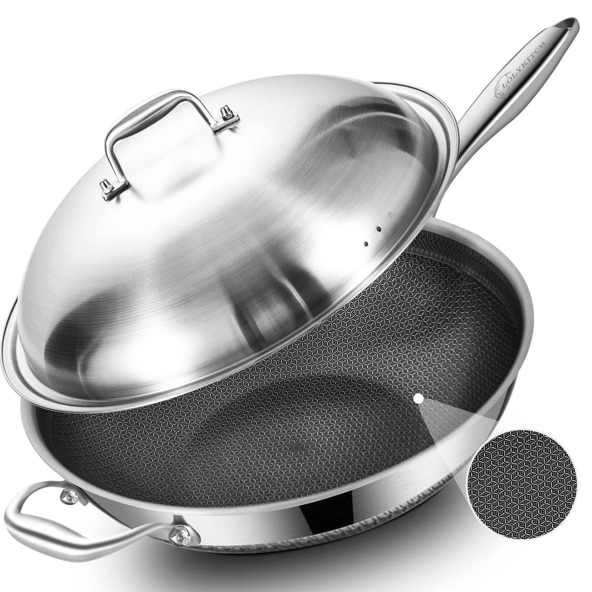 LOLYKITCH Hybird Nonstick Wok Pan with Lid | 12-Inch | Rivented Handle