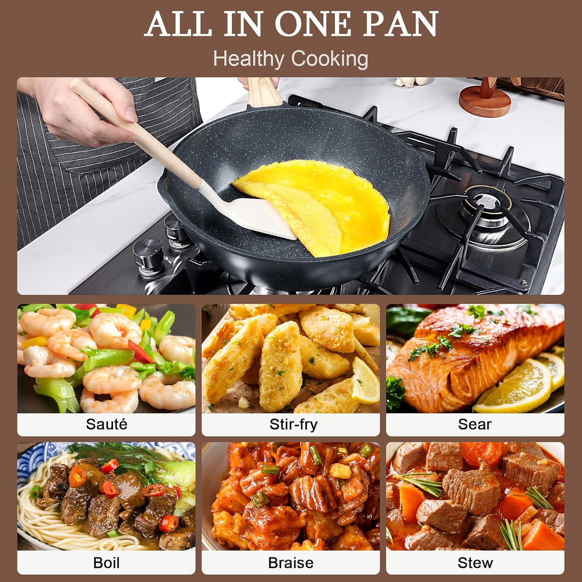 GiPP Ceramic Nonstick Deep Frying Pan Skillet, 12" Saute Pan with Lid, Induction Cookware Non Stick Cooking Pan, PTFE PFOA PFOS APEO Free, Grey