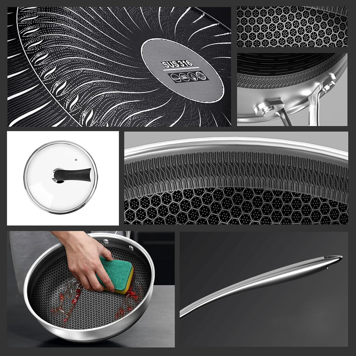 14" Honeycomb Non Stick Wok Pan Stainless Steel Stir-fry Wok with Lid,Skillet with Stay-cool Handle PFOA Free Suitable for Induction, Ceramic, Electric, and Gas Cooktops (Sliver, 14 Inches)