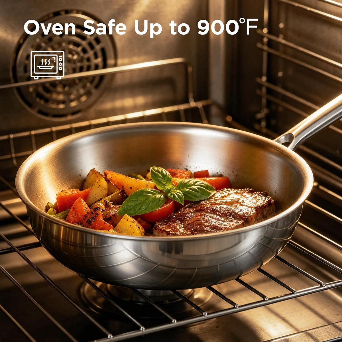 COOKER KING 11" Wok Pan with Lid, Stainless Steel Deep Skillet for Stir-Fry