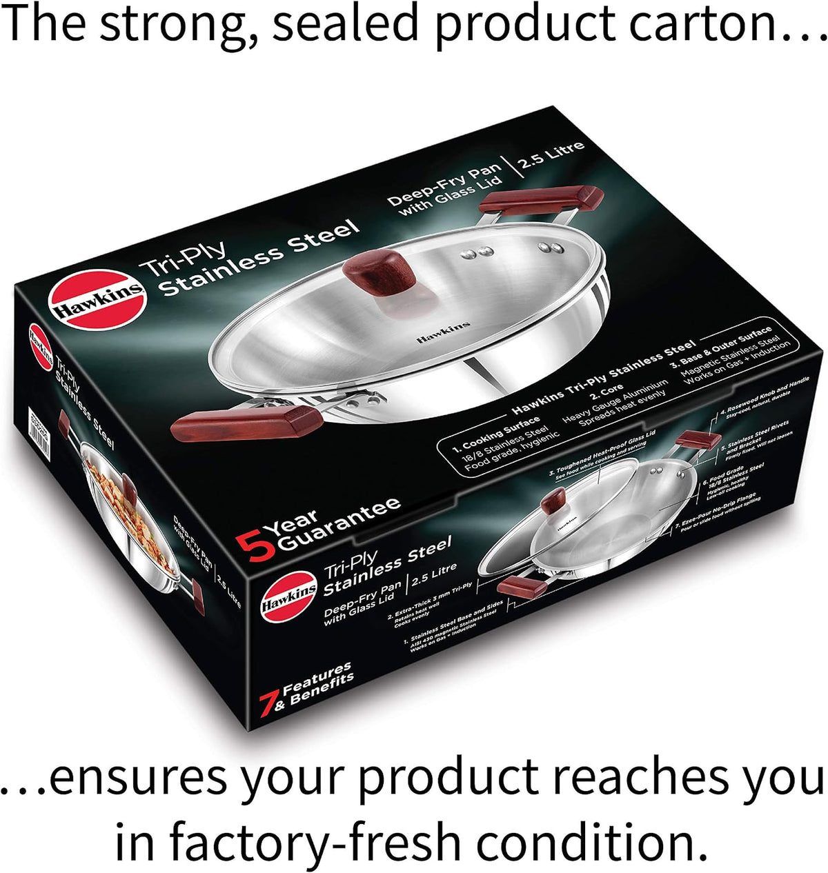 Hawkins 2.5 Litre Deep Fry Pan, Triply Stainless Steel Kadai with Glass Lid, Flat Bottom Induction Kadhai, Silver (SSD25G)