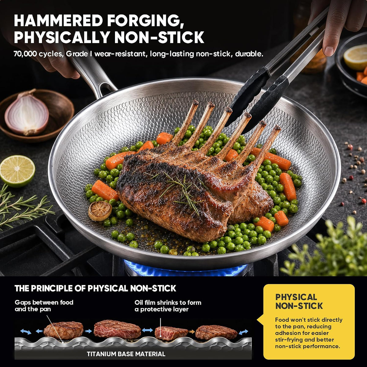 Okura Titanium Pans for Cooking, Titanium Cookware, 12" Frying Pan Hammered Design with Lid, No Coating, Non-Toxic Pro Pan PFAS/PFOA/PTFE Free, Dishwasher&Oven Safe, Induction Compatible